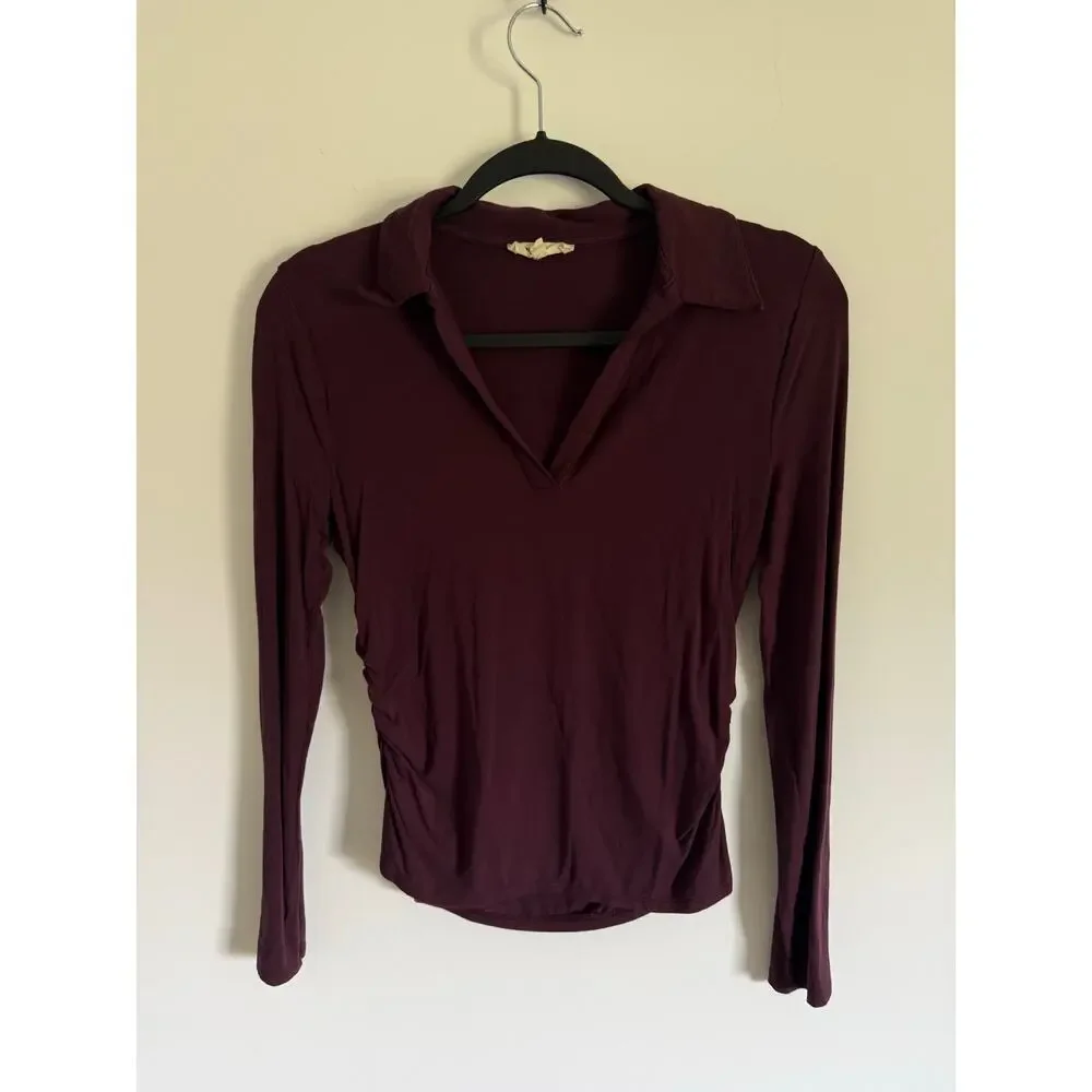 $58 Madewell Side-Cinch Long-Sleeve Polo Top - small - Burgundy - Picture 6 of 11